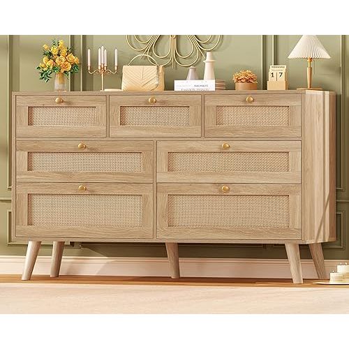TEENFON 47.2''Wide 7 Drawer Rattan Dresser, Boho Dresser for Bedroom, Chest of Drawers, Closet Organizer, Natural Wood Dressers Chest for Bedroom, Living Room, Entryway, Natural