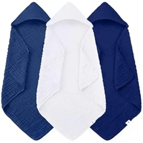 Sunny zzzZZ Muslin Hooded Baby Bath Towels - 3 Pack 100% Cotton Soft Low-Saturation Pastel Towels Including Classic White for Newborns, Infants, Toddlers - 32x32 Inch - Deep Navy and White