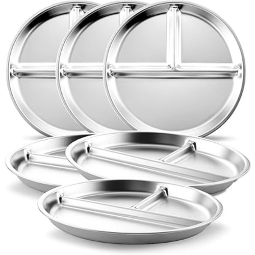 Stainless Steel Kids Plates 6 Packs, 8" Divided Toddlers Portion Control Plate, Non Toxic & BPA Free |Unbreakable |Dishwasher Safe Baby Snack Dish for Daycare, Restaurant Outings & Travel