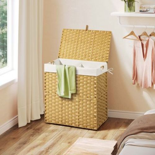 Greenstell Hand-woven, compartmentalized rattan laundry basket with 2 removable inner lining bags, lid, and handle, foldable