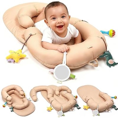 2-in-1 Tummy Time Mat & Seated Support Pillow for Newborns and Older Babies - Baby Tummy Time Support Pillow with Detachable Pillow and Toys