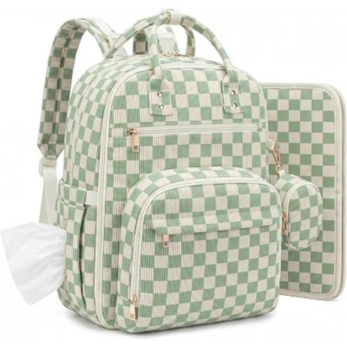 Corduroy Diaper Bag Backpack with Insulated Bottle Pockets, Checkered Green