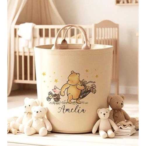 Personalized Pooh & Piglet Beige Toy Basket; Large 50L Felt Nursery Crafted Storage Blanket Pillow