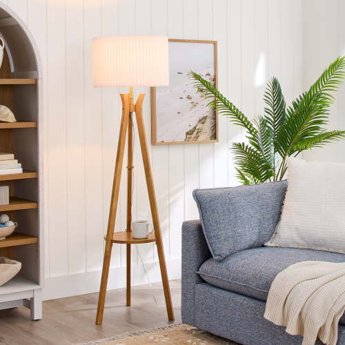 Better Homes & Gardens 63" Natural Wood Tripod Floor Lamp with Pleated Shade