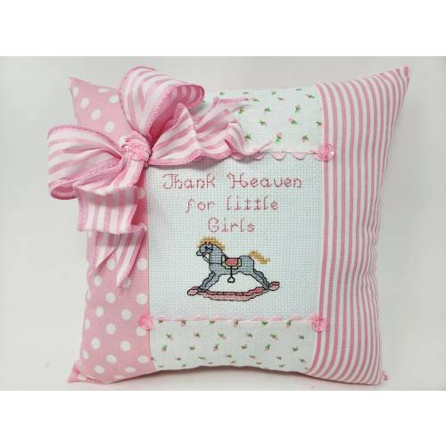 Cross-Stitched Baby Pillow: "Thank Heaven For Little Girls", Handmade Nursery Decor