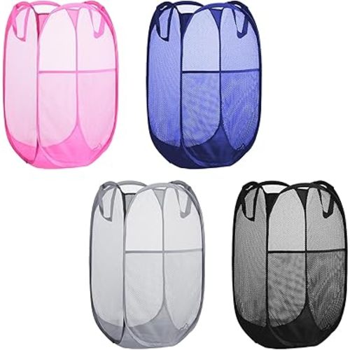 Collapsible Pop Up Laundry Hamper, Extra Large Mesh Foldable Laundry Basket Bag, 28" x 16" x 16", 4 Pack (Black + Pink + Grey + Blue)