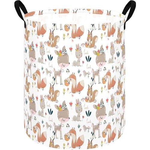 Woodland Animal Storage Basket for Girls Room, Round Laundry Hamper with Handles, Forest Floral Toy and Clothes Organizer Bin for Kids Bedroom, Nursery, Dorm,Gifts and Home Decor