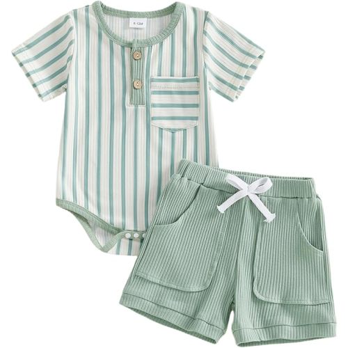 Douhoow Baby Boy Summer Outfits Short Sleeve Stripes Infant Boy Romper Baby Bodysuit Shorts Set With Pockets