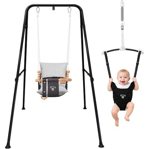 2-in-1 Baby Jumper & Swing - Foldable Stand, Stable Toddler Swing Set for Indoor & Outdoor Use (Black)