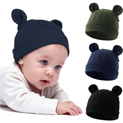 3 Pcs Cotton Newborn Hats for Unisex, Bear Ears Baby Girl Boy Beanie Hat for Newborn, Infant, Toddler Cap