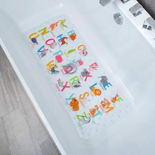 Tapete antideslizante para bañera de dibujos animados para niños, 34 x 15 pulgadas, tamaño XL, tapete de ducha antideslizante para niños pequeños y bebés (alfabeto)