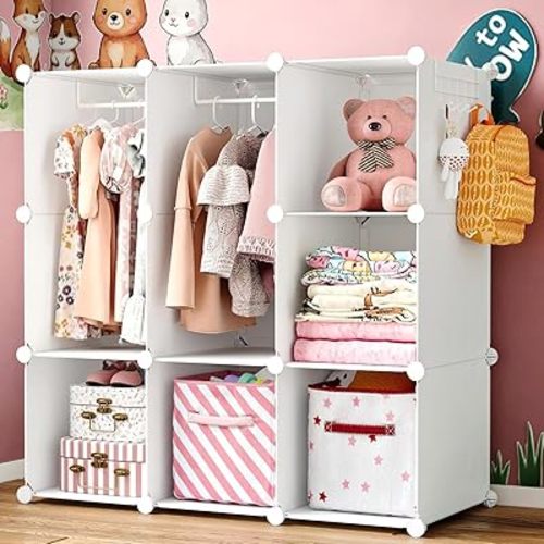 Portable Baby Wardrobe Closet Lightweight Kids Storage Organizer with Side Hooks - DIY Modular Small Toy & Clothing Organizer, 35.4x15.7x35.4 Inches(White)