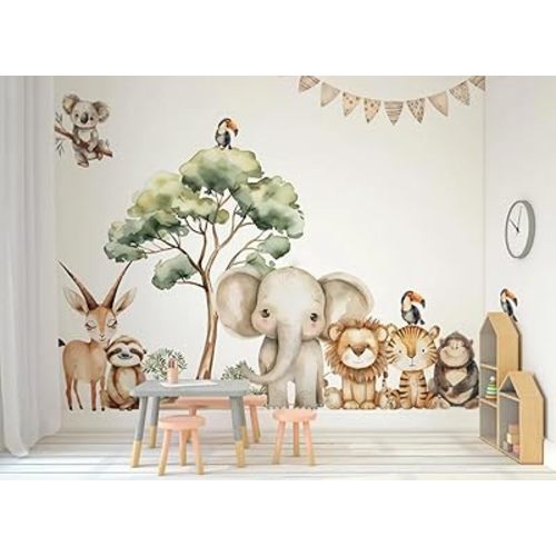 Safari Jungle Wall Stickers – Safari Animals Wall Decals for Nursery – Kids Room Wall Art – Removable Vinyl Stickers for Baby Room Decor – Giraffe Elephant Lion Wall Mural (Set1)