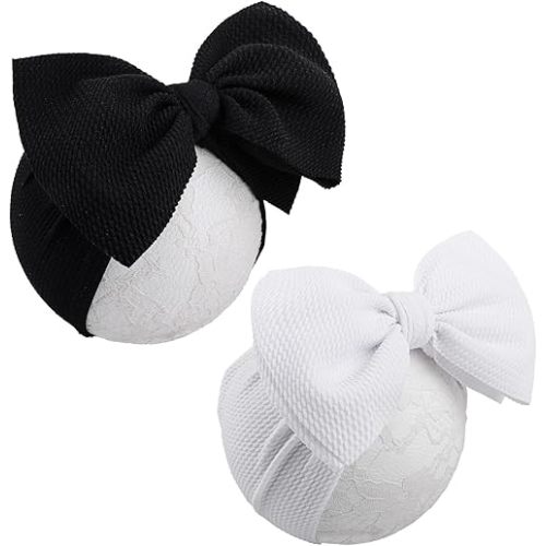 Hairband - Big Bows for Baby Girls Black & White, 2 Count (Pack of 2), Polyester, Hair Accessories, Unisex-Babies, Newborn, Infant, Toddlers, 0-6Months