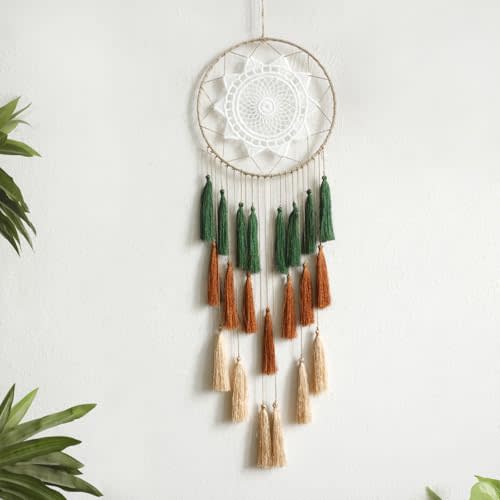 Artilady Macrame Dream Catchers for Bedroom - Tassel Wall Hanging Handmade Dreamcatchers Home Decor with Tassel Feather Ornament Craft Blessing Gift (Green Mix)