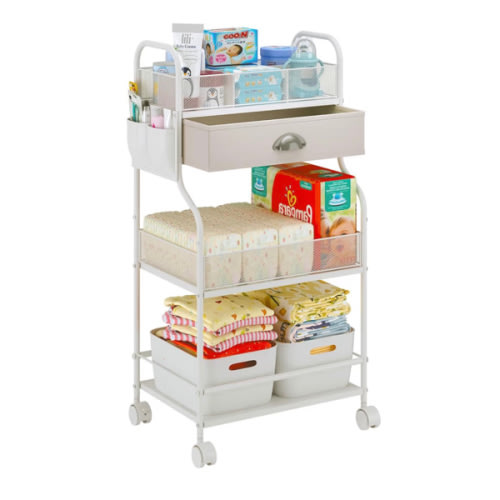 Baby Diaper Caddy Cart Organizer -3 Tier, Bedside Nursery Essentials Organizer & Storage Holder for Newborn Baby Stuff, 2+1 Dividers, 1 Drawer,Rolling Utility Cart for Bedroom,Changing Table, Crib.