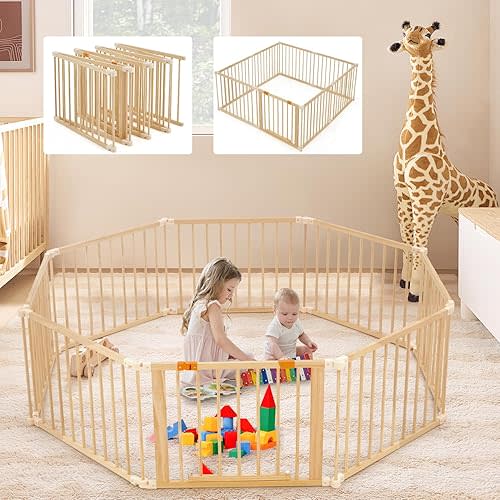 Wooden Baby Playpen Extra Large, 74”×74” Foldable Play Fence for Babies and Toddlers,Safety Play Yard with Locking Gate, Changeable & Expandable Kids Activity Center (8 Panel)