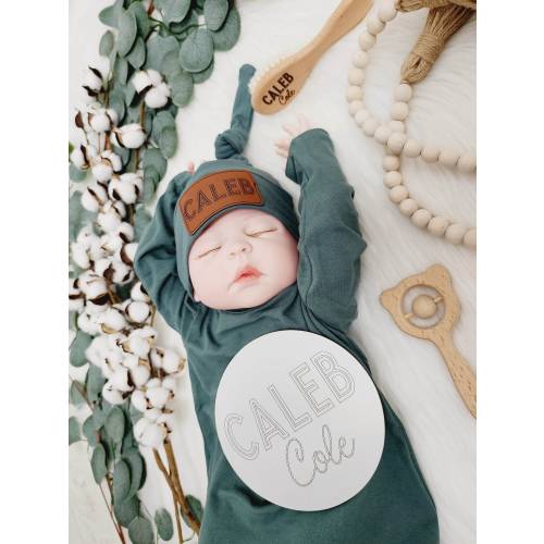 Personalized Knotted Baby Hat: Engraved Vegan Leather Patch