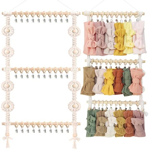 POVETIRE Baby Headband Holder, Hair Bows and Accessories Storage Organizer, Wall Hanging Decor for Nursery Toddler Girls Room (Beige-1)