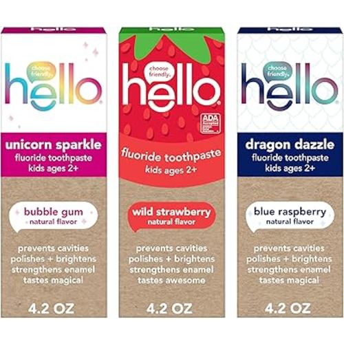 Hello Kids Fluoride Toothpaste Variety Pack, Includes a Strawberry, Unicorn Bubble Gum, and Blue Raspberry Toothpaste, Safe for Ages 2 and Up, 3 Pack, 4.2 Oz Each