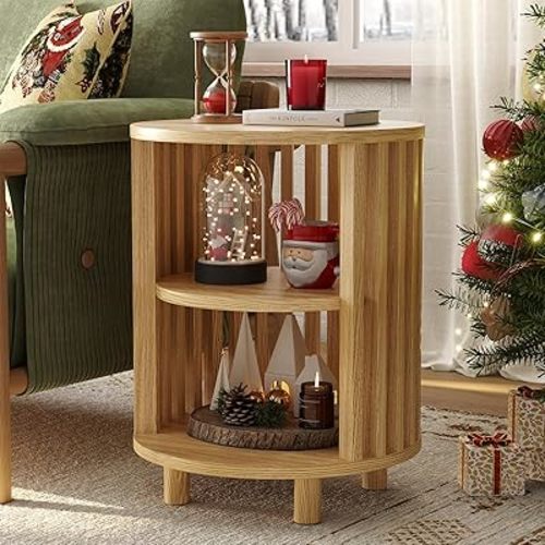 Round End Table, Wood Side Tables, Mid Century Modern Nightstand with 2 Tier Storage, Small Circle Bedside Table for Small Spaces, Living Room, Curved Profile Design, 19.7" Tall, Oak (1-Pack)