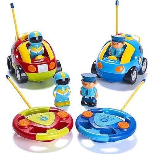 PREXTEX Cartoon Remote Control Car - 2-Pack Police and Race Car Toddler Toys - RC Cars for Kids with Different Frequencies - Easy Remote Control Toy and Thoughtful Gifts for Boys and Girls