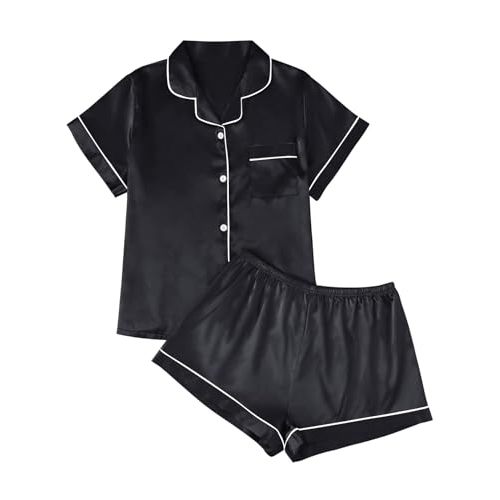 LILLUSORY Silk Satin Pajama Set for Women 2 Piece Lounge Pjs Winter Matching Summer Sleepwear Button Down Shirt Shorts