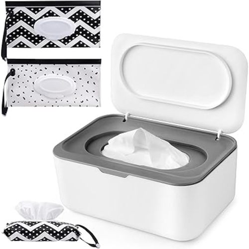 Baby Wipes Dispenser Case, Reusable Baby Wipe Holder Box with 2 Portable Wet Wipes Pouch, Refillable Wipes Pouch Case Container with Lid for Bathroom Baby Nursery Kitchen Office Travel (Grey)
