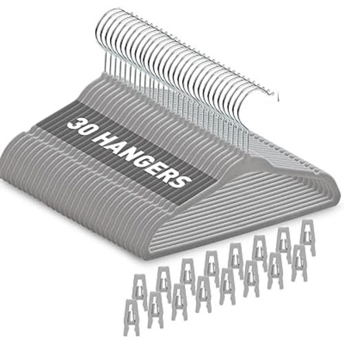 Velvet Baby Hangers with Clips (30 Pack) | 11” Ultra-Slim Baby Clothes Hangers | Non-Slip Felt | Space-Saving Nursery & Infant Closet Organizer | Gray