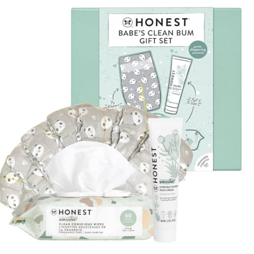 The Honest Company Babe's Clean Bum Gift Set | Diapering + Newborn Essentials | 99% Water Wipes (60 ct), Diaper Rash Cream (2.5 oz), Clean Conscious Diapers (Size 1, 7 ct)