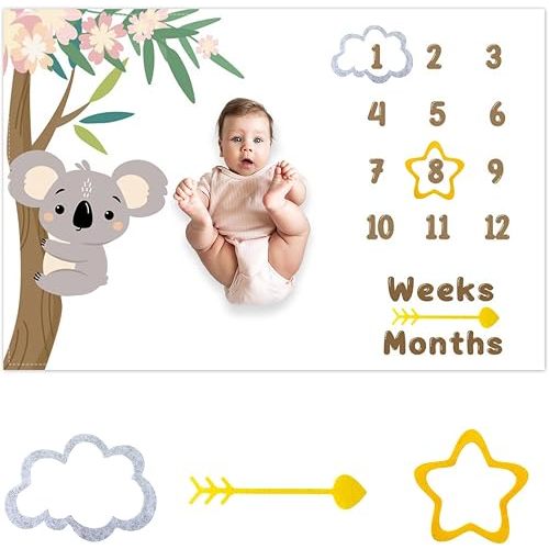 Cute Koala Baby Monthly Milestone Blanket Newborn Growth Record Prop Cartoon Flower Tree Pattern Photography Background for Newborn Baby Shower, 60"x40" with Frames