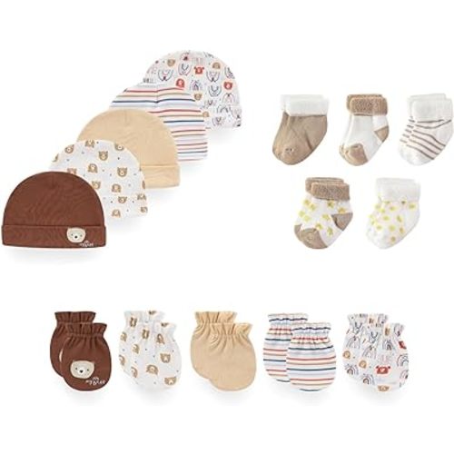 15 Pack Unisex New Born Boy Girls Hats Mittens Socks Sets Cotton Soft Infant Accessory 0-6 Months Baby Essentials