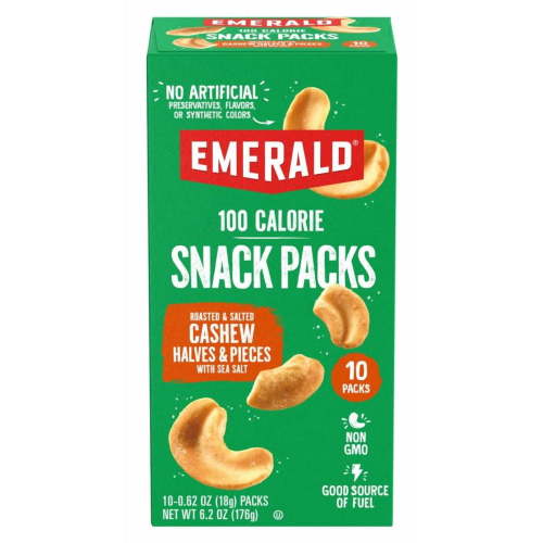Emerald Nuts Roasted & Salted Cashews, 10 Ct, 0.62 Oz, 100 Cal Packs, Non-GMO, Gluten Free