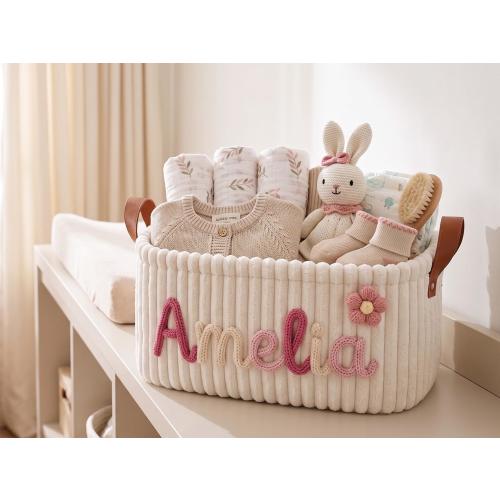 Baby Storage Basket,Personalized Custom Name Nursery Organizer, Corduroy Toy Bin