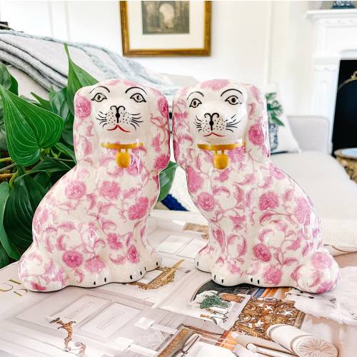 Mini Pink Floral Staffordshire Style Spaniel Dogs 5.75", Pair Of Pink Mantle Dogs, Spaniels Figurines