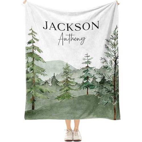 Personalized Forest Name Blanket for Baby or Kids, Nature Custom Throw with Name and Tree Design, Soft Fleece or Sherpa Gift for Newborn Baby Boy, Toddler, or Child Nursery or Bedroom Decor