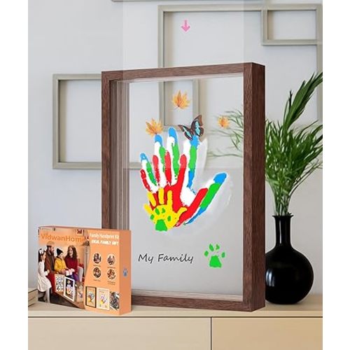 Brown Family Handprint Kit for 4 – Wooden Frame with 4 Clear Acrylic Boards, DIY Handprint Keepsake for Baby, Pet, Mom, Grandparents, Hand Mold Art Set with Non-Toxic Washable Paint (Brown)