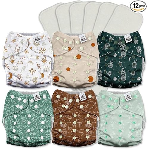 Mama Koala 3.0 Cloth Diapers for Babies with AWJ Lining, 6 Pack with 6 5-Layer Natural Cloth Diaper Inserts - Reusable and Washable Pocket Diapers(A-Seashore)