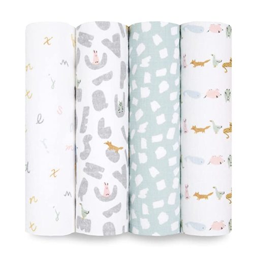 aden + anais Essentials Cotton Muslin Swaddle, Breathable Baby Blanket, Ideal for Boys, Girls, Newborns, Babies & Infants, Receiving Blanket, Soft and Lightweight Wrap, 4 Pack, Alphabet Animals
