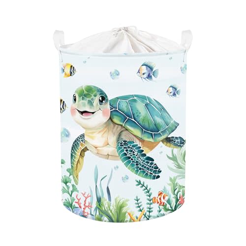 Clastyle Large Fish Sea Turtle Baby Basket Ocean Coral Seaweed Starfish Toy Book Shelf Basket Waterproof Pool Toy Beach Towel Storage Bin Collapsible Dirty Clothes Hamper, Blue, 36 * 45 cm
