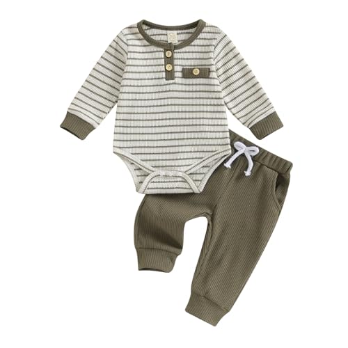 Kuriozud Newborn Baby Boy Clothes Button Long Sleeve Romper Bodysuit Pants Set Infant Soft Waffle Fall Winter Outfit
