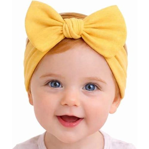 Baby Girl Headbands 0–6 Months – Newborn Infant Soft Cotton Handmade Bow Headband, Stretchy No Mark Baby Hair Accessories (Yellow, 0-6 Month)