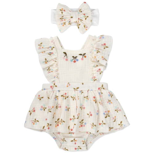 Baby Essentials 3 Months Infant Girls Romper with Matching Headband 100% Cotton Spring Summer Outfit in Off White Cherries