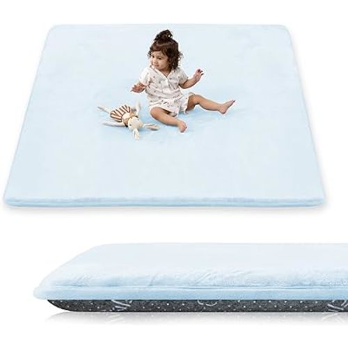 1.5" Thick Baby Play Mat for Floor, 50x50 Playpen Mat, Pro Soft Flannel Foam Mats Toddler Infant Kids Crawling for Nursery Rug Playroom Living Room Waterproof Easy Care Non-Slip (Baby Blue)