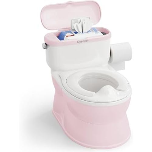 CheerTry 2-in-1 Toddler Potty Training Toilet with Detachable Training Seat | Large Potty Chair, Realistic Flushing Sound for Boys & Girls Ages 1-3 with Wipes Storage, Toilet Paper Holder - Pink