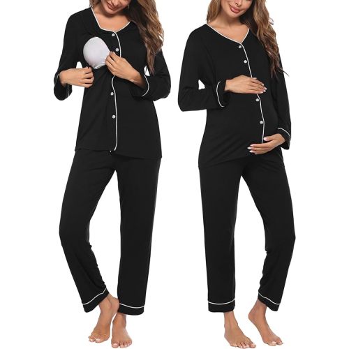 Ekouaer Maternity Pajama Set Button Down Nursing Pajamas Long Sleeve Breastfeeding Loungewear with Adjustable Pants