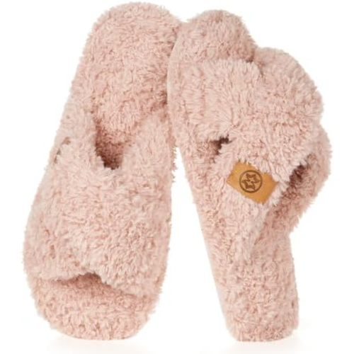 Dokela Fuzzy Open Toe Slippers for Women Cross Band House Slipper