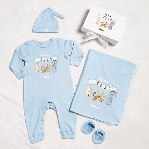 Personalized Classic Winnie the Pooh 100% Cotton Baby Romper Hat Blanket Outfit with Hamper Name Year Coming Home Baby Shower Gift for Newborn - CALLIE