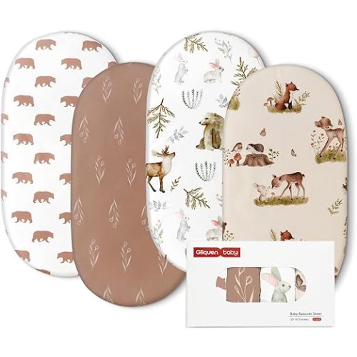 Gllquen Baby Bassinet Sheets 4 Pack, Breathable Cozy Fitted Mattress Sheet, Elastic Travel Crib Fashionable Floral Pattern, Standard Cradle Safe Sheets for Baby Boy Girls 32"X16" (Bear)