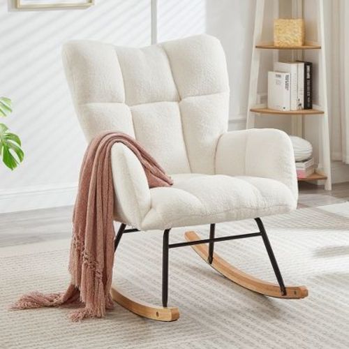 Racxily Glider Chair for Living Room Tufted Upholstered Teddy Fabric Rocking Chair with Metal Frame Accent Chair